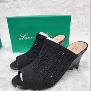 Women's Black Rhinestone Wedge Sandals